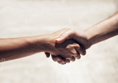 Preview: Handshake, agreement or thank you with people welcome, deal or collaboration in teamwork outdoor. F
