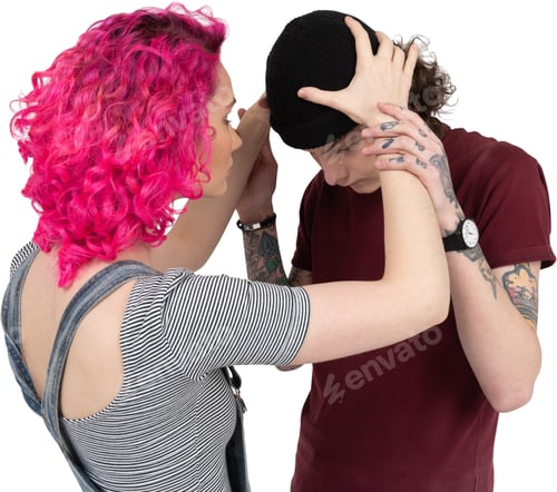 Preview: a woman with pink hair and a man with a hand on her head