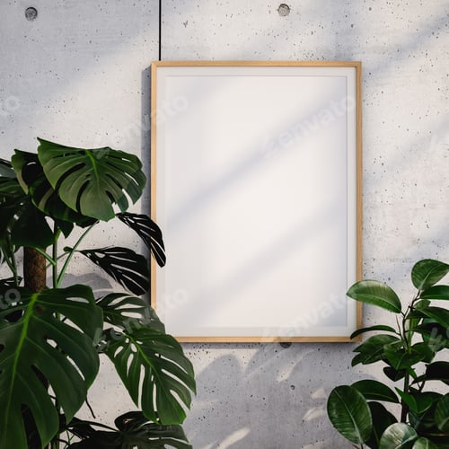 Preview: Blank frame on concrete wall near green plants
