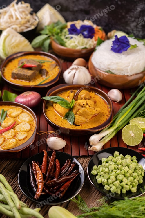 Preview: Rice noodles in a bowl of curry paste with chili, cucumber, long bean, lime, garlic and spring onion