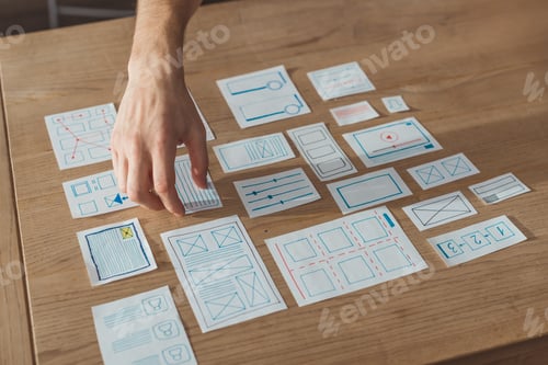 Preview: Cropped view of designer planning user experience design with sketches on table