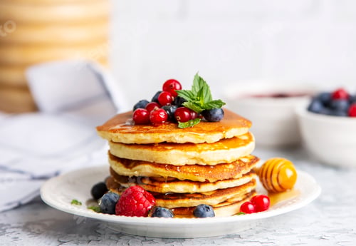 Preview: Healthy summer breakfast, homemade classic american pancakes with fresh fruit and honey, morning