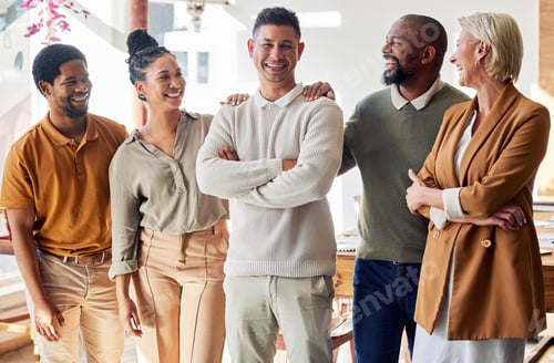 Preview: Startup business people, leader man and happy in portrait for team building, laughter and funny tim