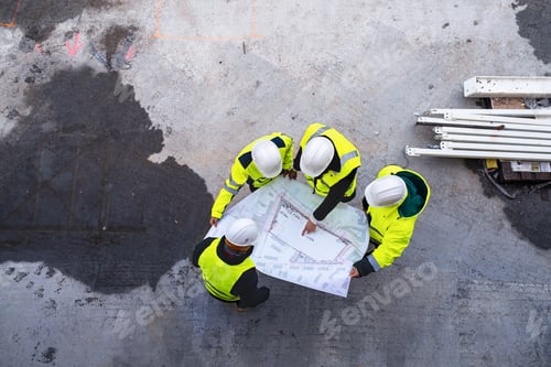 Preview: A top view of group of engineers with blueprints standing on construction site.