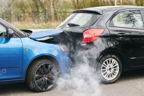 Preview: Two Damaged Cars Involved In Road Traffic Accident Showing Smoke After Collision