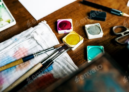 Preview: Close-up of Watercolor Paints and Art Supplies
