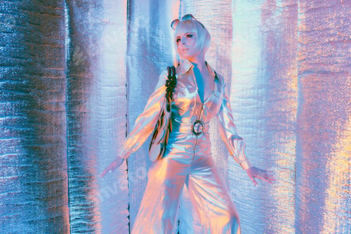 Preview: Space Fashion Woman Wearing Jump Suit And Bag. Standing In Reflective Solar Room.
