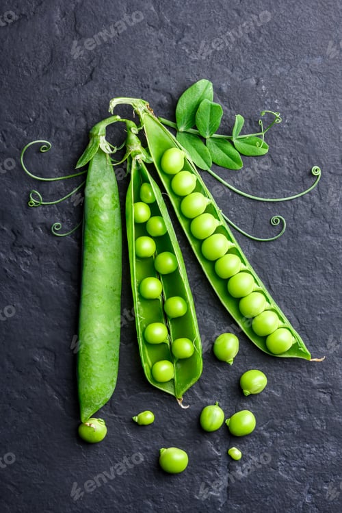 Preview: Fresh green peas in pods on dark background