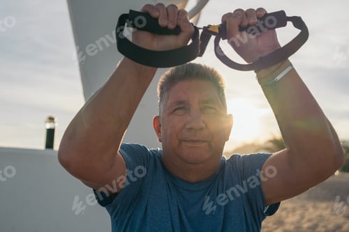 Preview: Older white-haired person performing suspension training on the beach