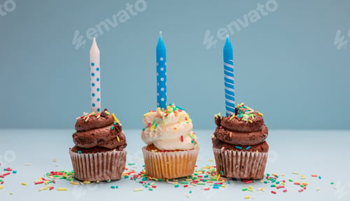 Preview: Birthday cupcakes with candles on blue pastel background, copy space.