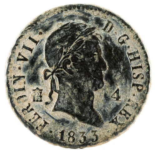 Preview: Closeup shot of an ancient Spanish maravedi coin with King Fernando VII inscription