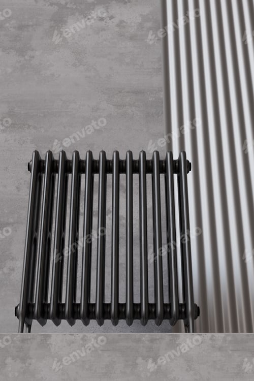 Preview: Black radiator stands against a minimalist gray background, showcasing its modern design