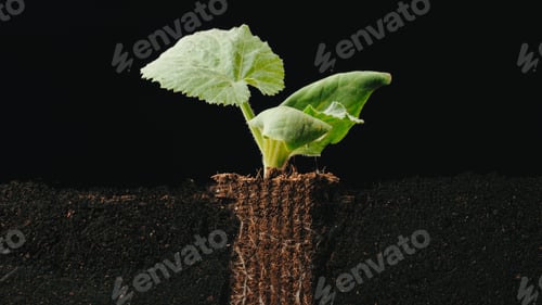 Preview: Section during seeding plant in the soil with visible roots