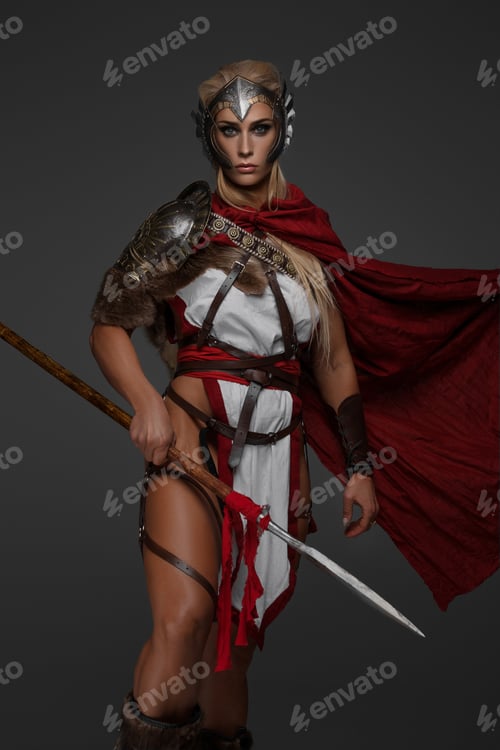 Preview: Viking Shieldmaiden: Muscular Warrior in Fantasy Armor with Red Cloak
