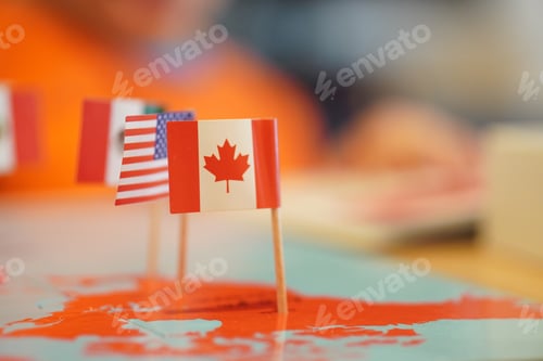 Preview: Selective focus shot of North American country flag pins pinned on a flat map