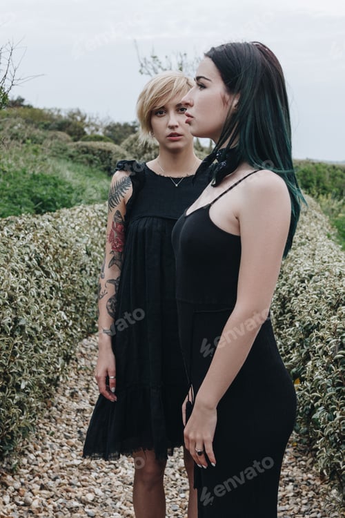 Preview: beautiful young women in black dresses in park on cloudy day