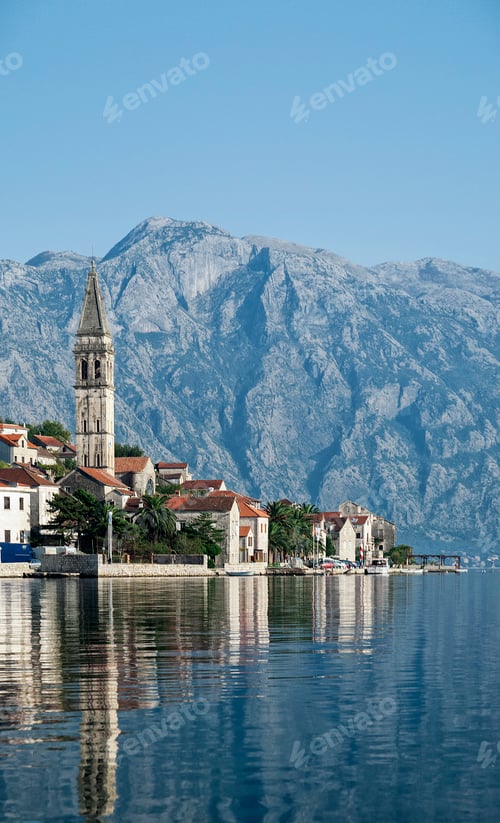 Preview: perast traditional balkan village mountain landscape near kotor in montenegro