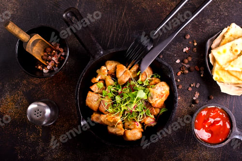 Preview: fried meat in pan, fried meat with salt and spice