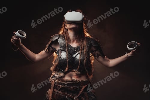 Preview: Weared with virtual reality glasses nordic female warrior