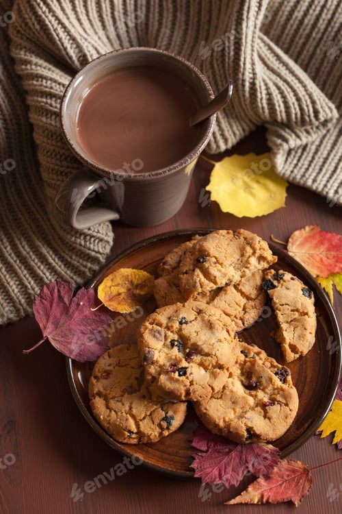 Preview: hot chocolate warming drink wool throw cozy autumn leaves cookie