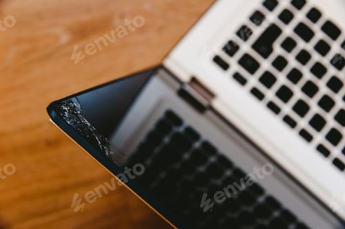 Preview: Laptop computer screen with broken glass by accident.