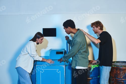 Preview: young concentrated interracial friends having investigation during quest in escape room, decision