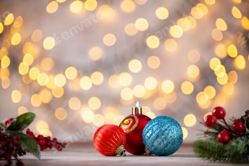 Preview: christmas tree decorations round plastic toys christmas texture on blurred background