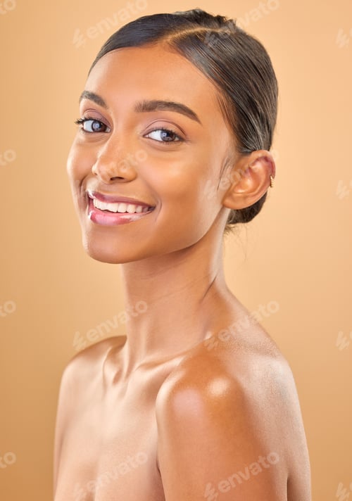 Preview: Smile, beauty and portrait skincare of a woman isolated on a studio background. Happy, beautiful an