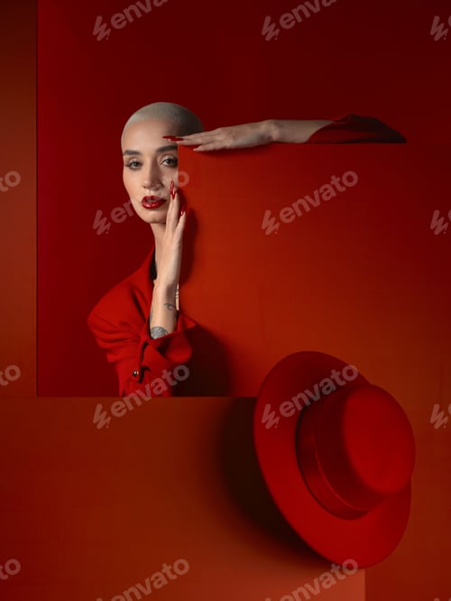 Preview: Portrait, fashion and mock up with a woman on a red background in studio for marketing, advertising