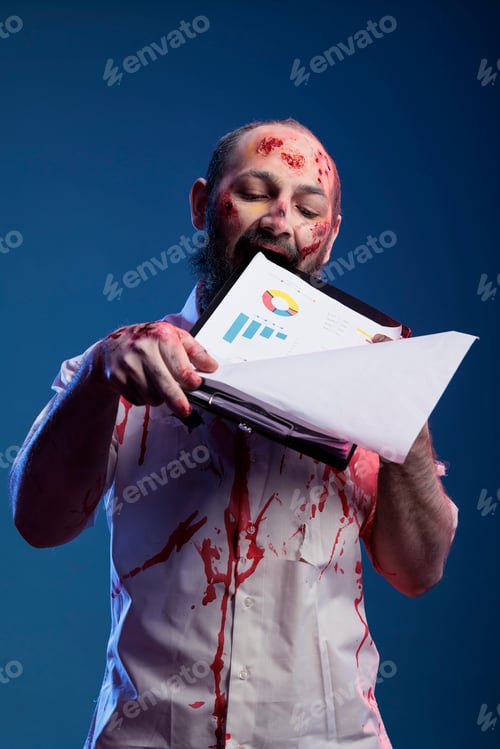 Preview: Creepy zombie looking at business documents
