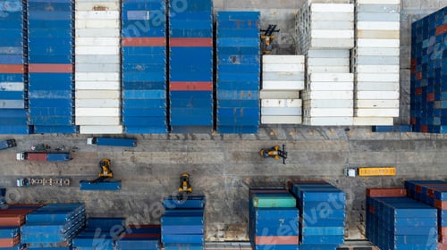 Preview: Aerial view semi truck trailer cargo container at logistic park warehouse, Distribution center