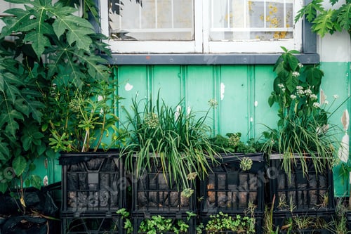 Vista previa: Green plants and herbs in boxes outside the old house under a window. The house rural scene