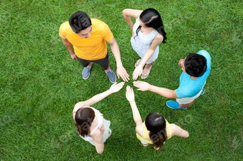 Preview: Friends putting hands together on meadow