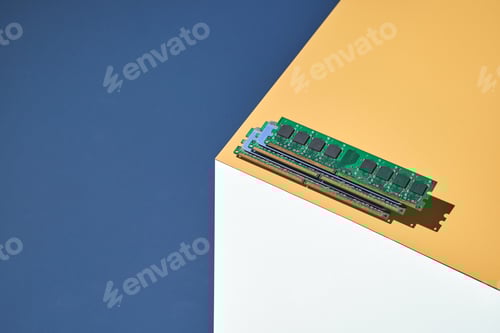 Preview: Isometry trendy cube concept. Computer memory module. Yellow and blue. Retail technology shop. Chip