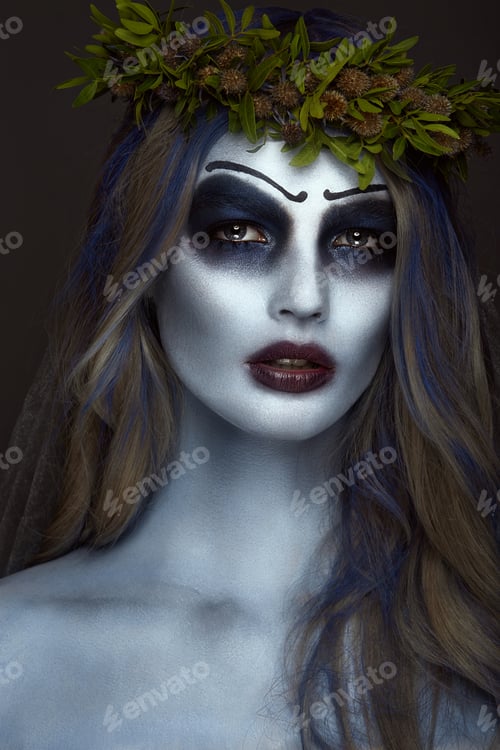 Preview: Portrait of a horrible scary Corpse Bride in wreath with dead flowers, halloween makeup