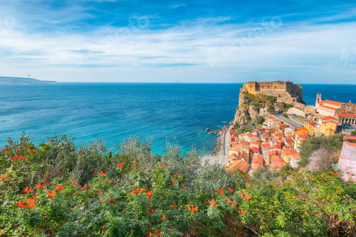 Preview: Awesome seaside and village Scilla with old medieval castle on rock Castello Ruffo,