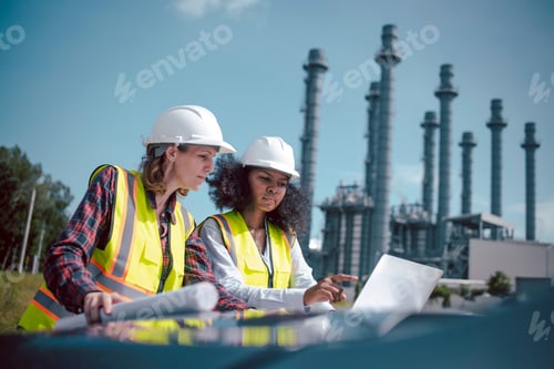 Preview: Engineers wearing safety gear, including hard hats examining survey a large blueprint tablet standin