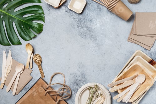 Preview: Eco craft paper and wooden tableware. Paper cups, dishes, bag, plates and bamboo cutlery on gray