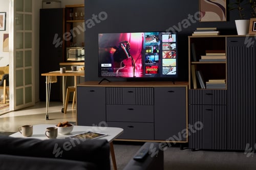 Preview: Modern Living Room Showing Smart Television Streaming Entertainment Content