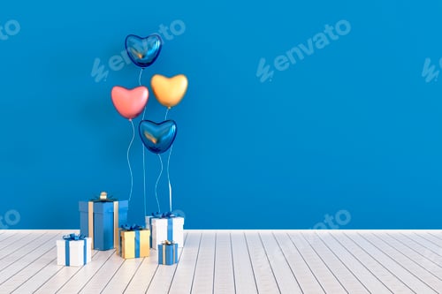 Visualização: Conjunto de balões realistas 3d brilhantes e caixas de presente. ilustração 3d