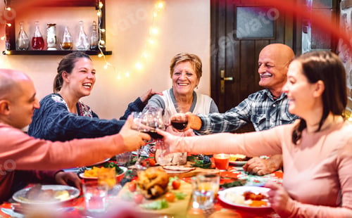 Preview: People toasting red wine and having fun at winter holidays reunion