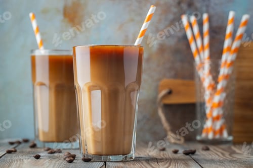 Preview: Ice coffee in a tall glass with cream poured over, coffee ice cubes and beans.