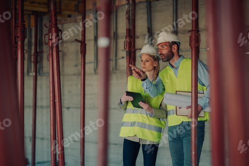 Preview: Construction workers reviewing blueprints and using tablet on site