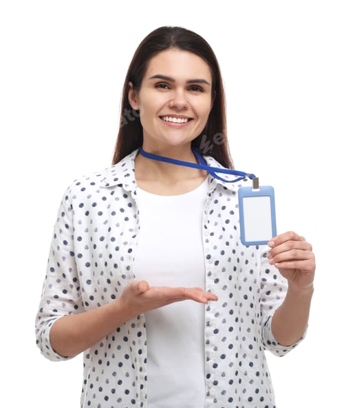 Preview: Happy woman showing vip pass badge on white background