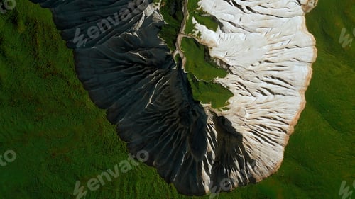 Preview: Top view of picturesque mountain peak. Clip. Frozen stone formations and green grass.