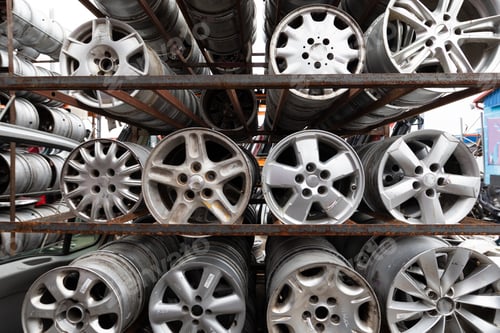 Preview: Auto parts market. Car wheels are on the ground.