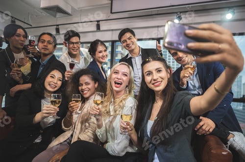 Preview: businessman and business partner person team in success, happy and fun in group celebration party