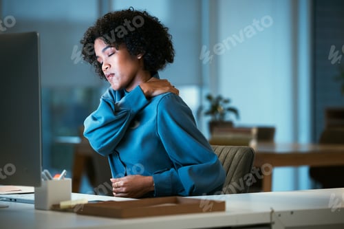 Preview: Back pain, night and business woman tired of overtime, deadline and work pressure with burnout and