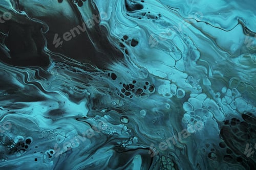 Vista previa: Fluid Art. Fluorescent blue waves with golden particles on black background. Marble effect