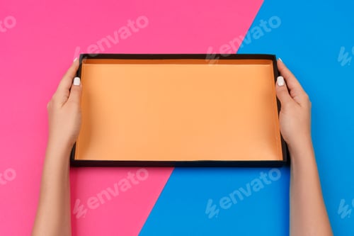 Preview: Female hands holding empty present box on pink and blue background